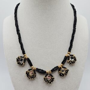 VINTAGE Black Glass Seed Bead Station Gold Tone Necklace Shephard's Hook Clasp